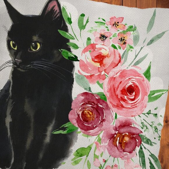 Black Cat Pillow Cover Decorative Throw Case Floral Decor Sofa Couch Accent 18" - Picture 3 of 6